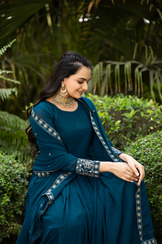 Teal Blue Gown Set With Dupatta