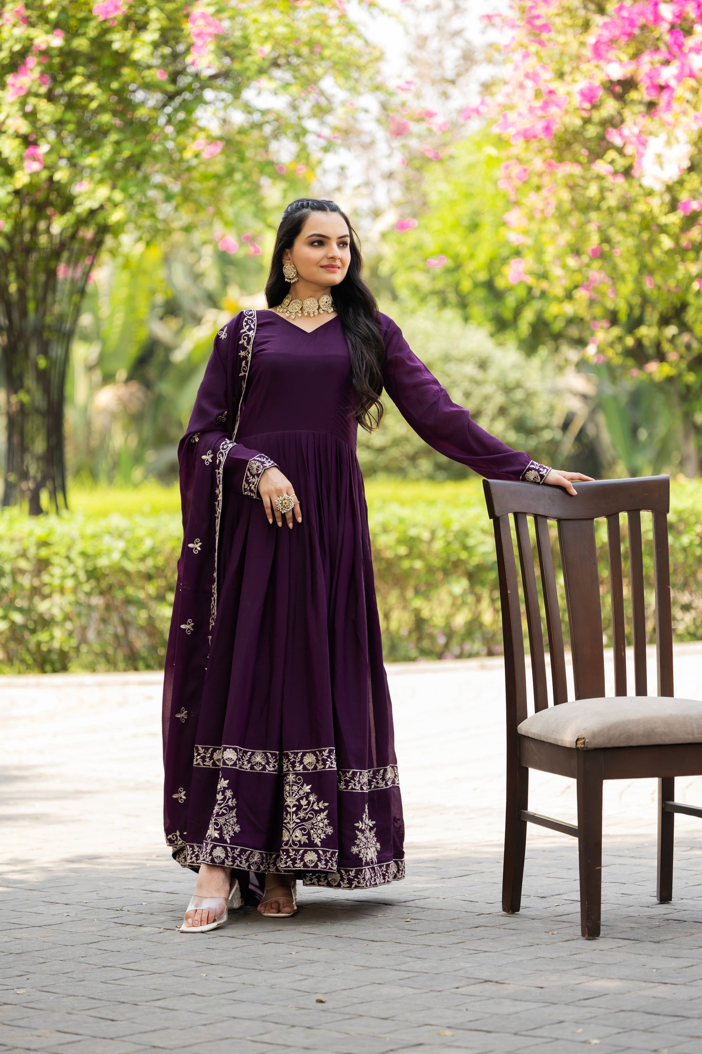 Purple Star Georgette Embroidered Gown with Dupatta