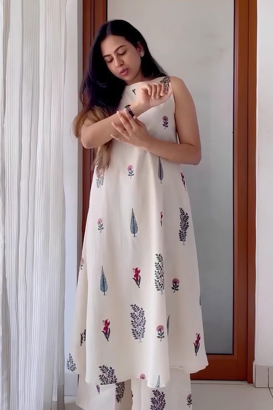 Elegant Handblock Kurta Set White