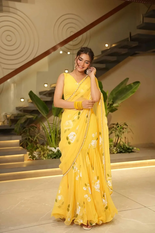 Summer Bloom Yellow Saree with White Rose Print