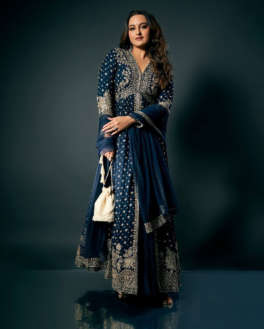 Elegant Navy Blue Embroidered Gown