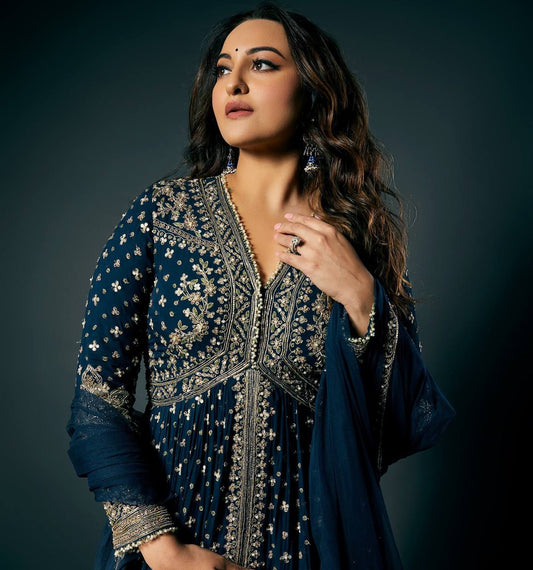 Elegant Navy Blue Embroidered Gown