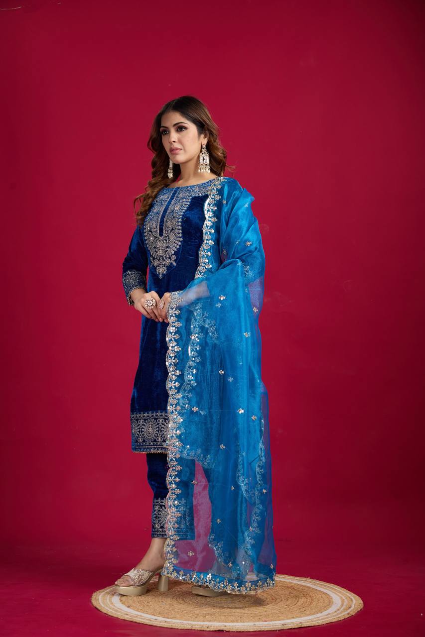 Royal Blue Velvet Kurta with Pant & Dupatta