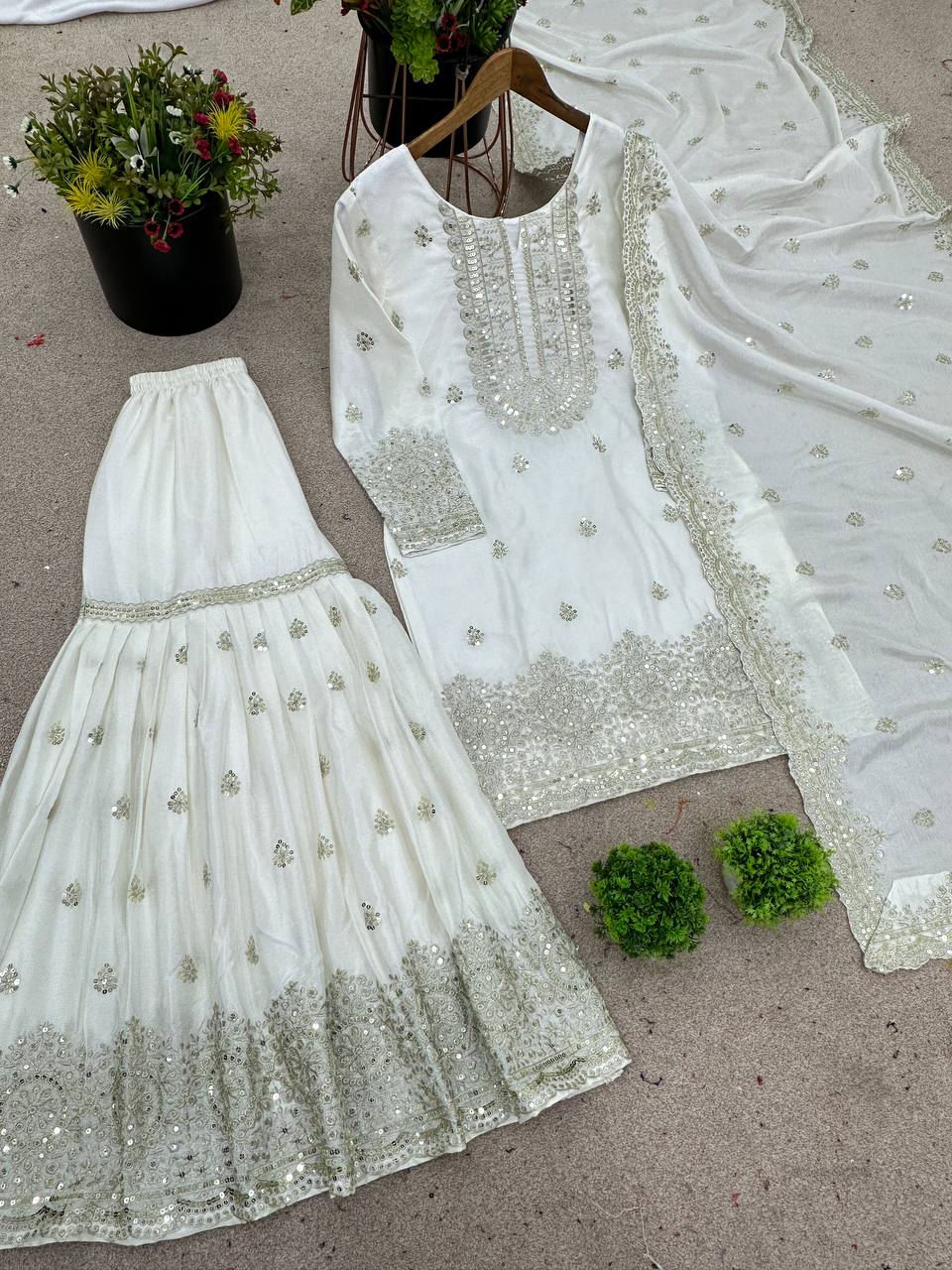 White Embroidered Sharara Set