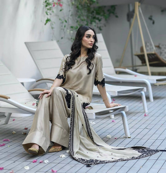 Elegant Beige & Black Embroidered Suit Set
