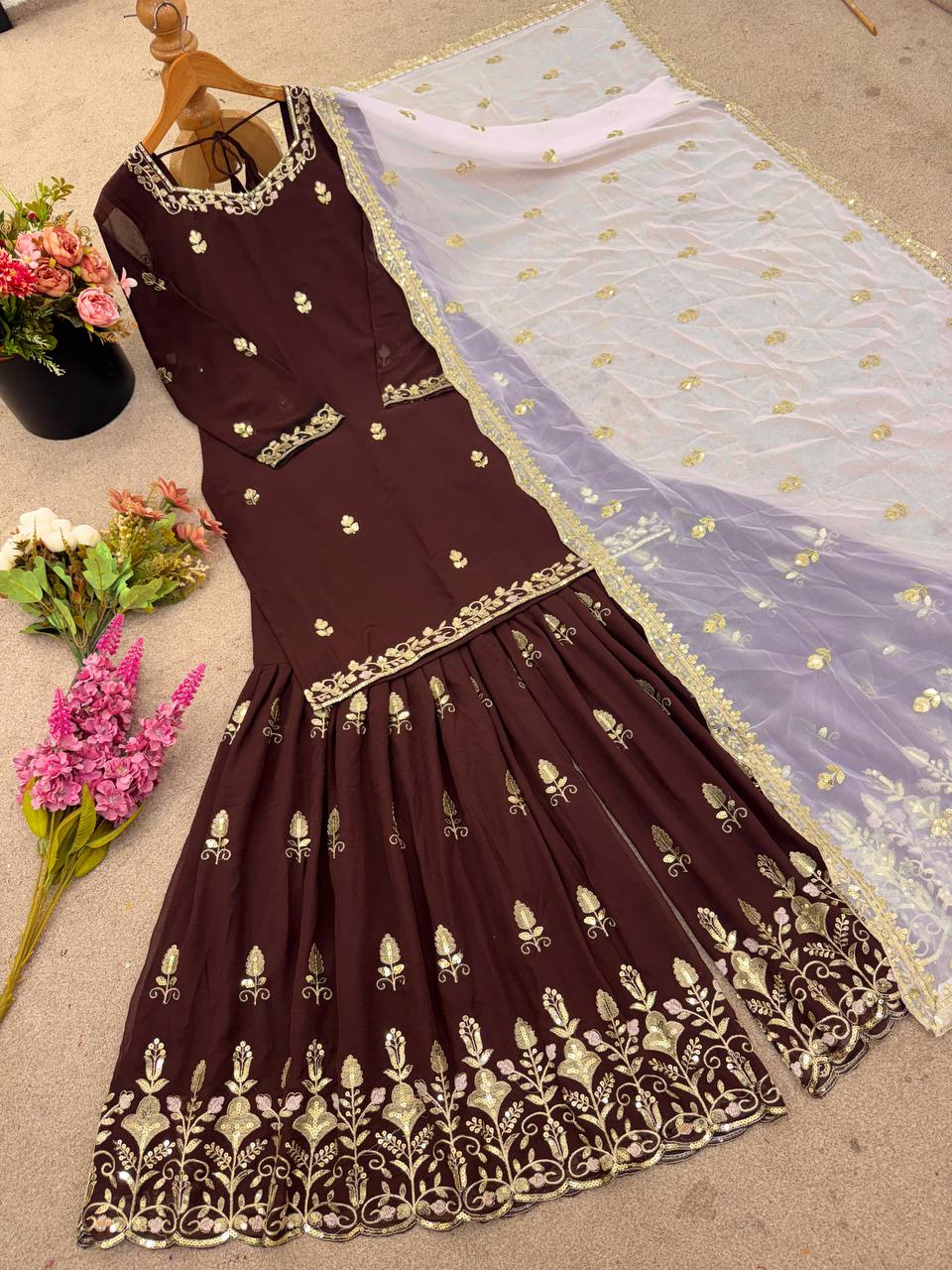 Brown Georgette Kurta with Sharara & Pink Dupatta