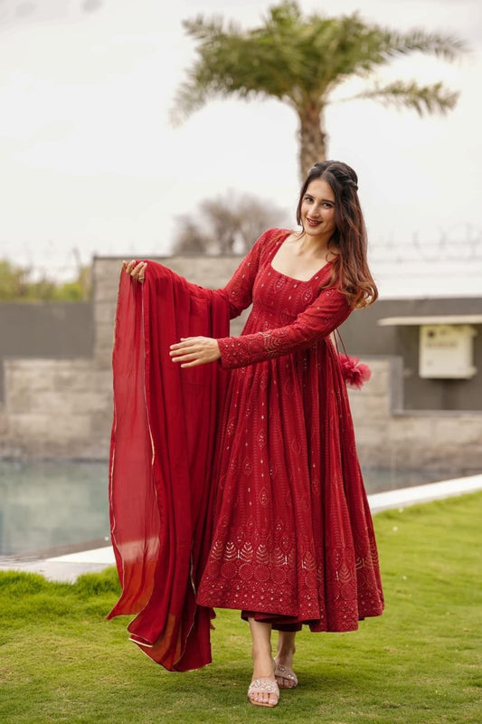 RED EMBROIDERED GEORGETTE SUIT SET