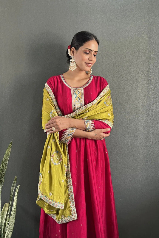 Rani Pink Silk Anarkali with Plazo & Mustard Dupatta