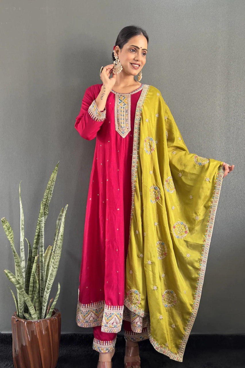 Rani Pink Silk Anarkali with Plazo & Mustard Dupatta