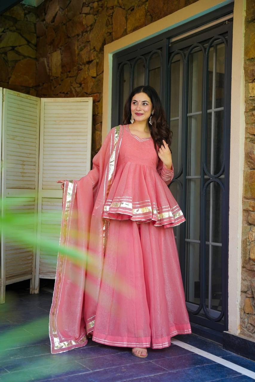 open lace back dress Elegant Pink Suit Set with Sharara and Dupatta – Nius Creation