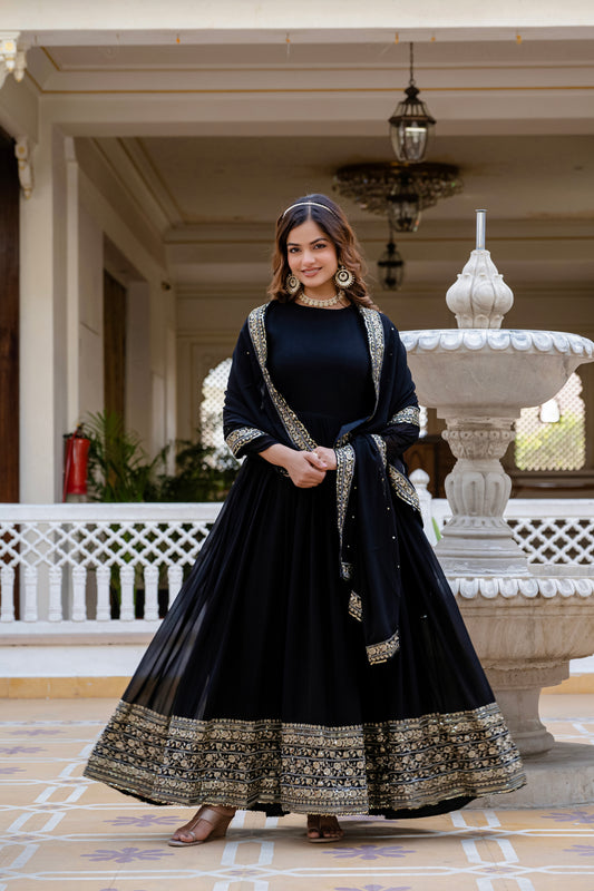 Black Georgette Sequin Embroidered Gown with Dupatta