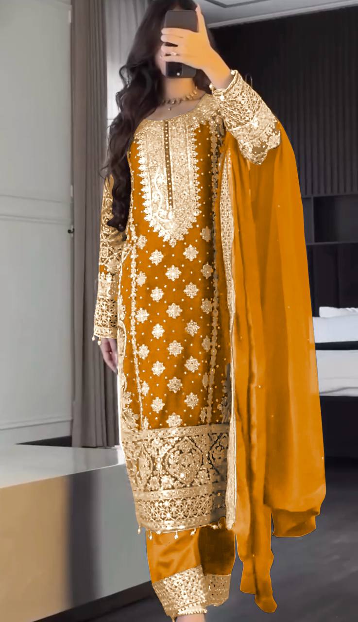 Faux Georgette Embroidered Kurta with Pant & Dupatta