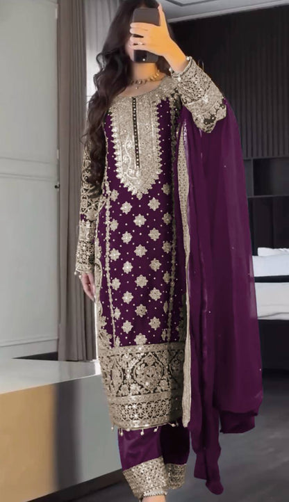 Faux Georgette Embroidered Kurta with Pant & Dupatta