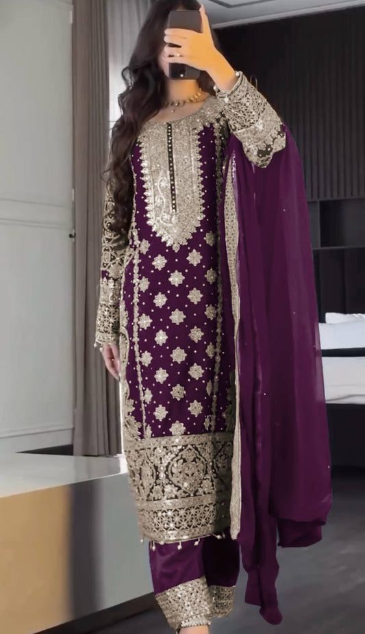 Faux Georgette Embroidered Kurta with Pant & Dupatta