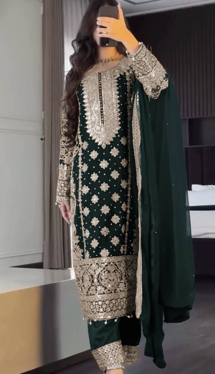 Faux Georgette Embroidered Kurta with Pant & Dupatta