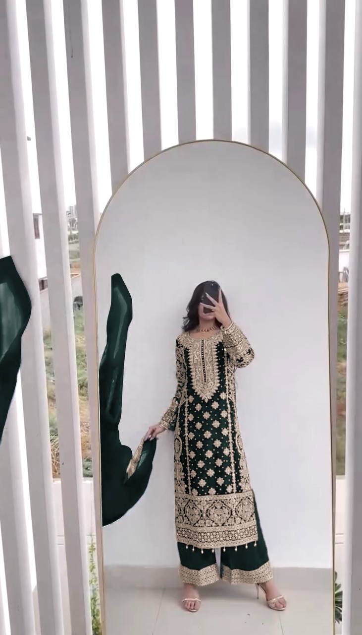 Faux Georgette Embroidered Kurta with Pant & Dupatta