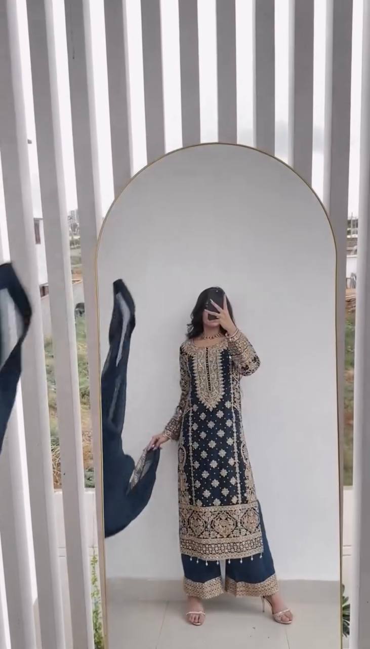 Faux Georgette Embroidered Kurta with Pant & Dupatta