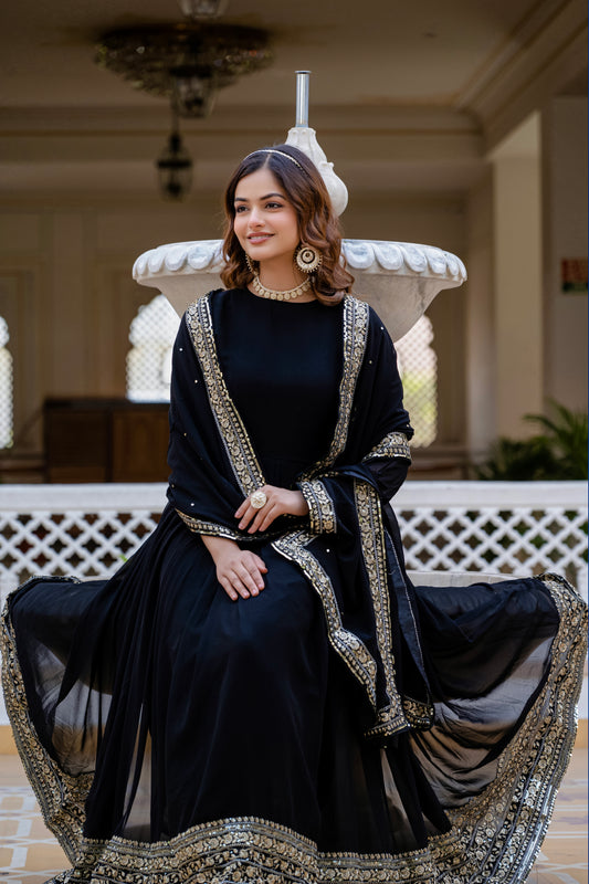 Black Georgette Sequin Embroidered Gown with Dupatta