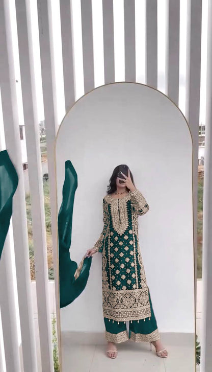 Faux Georgette Embroidered Kurta with Pant & Dupatta