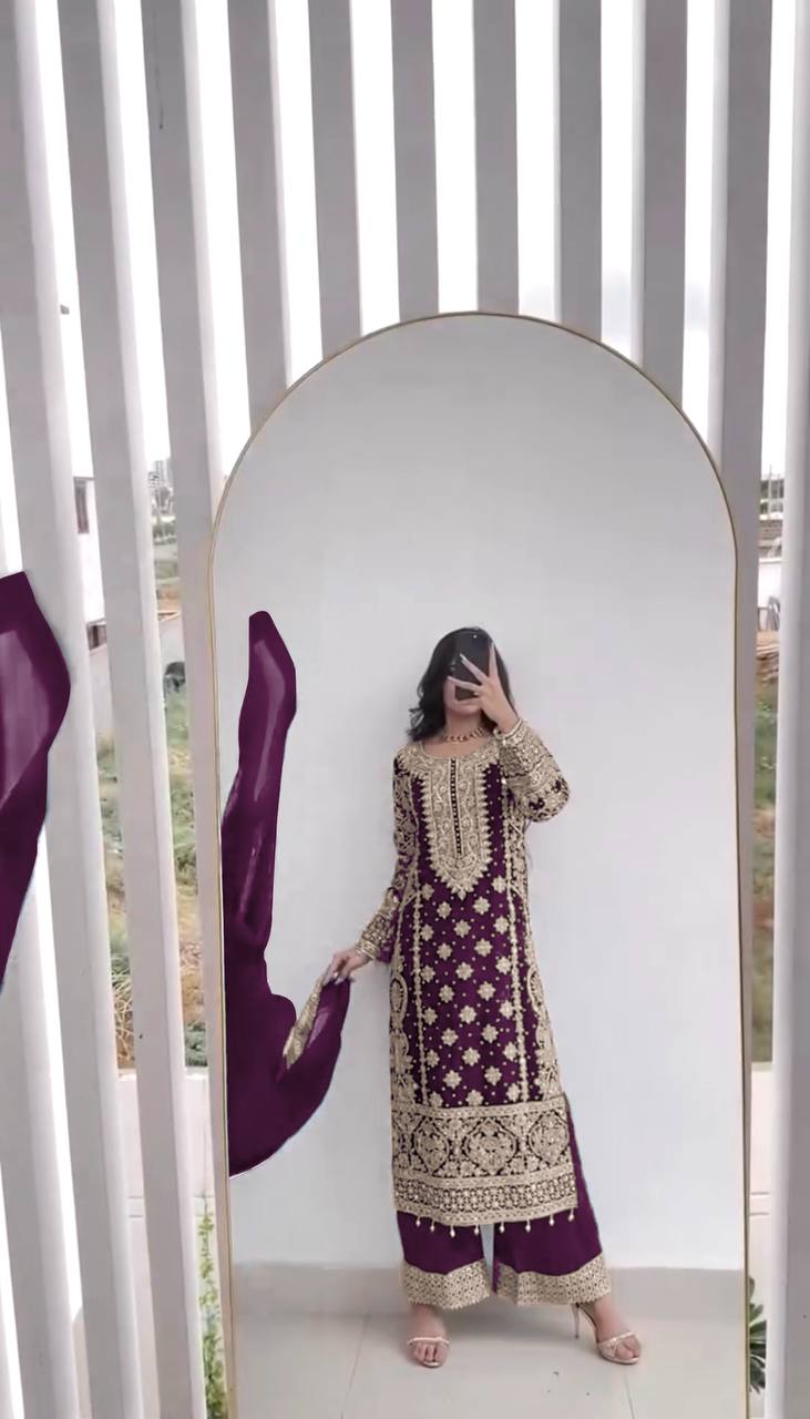 Faux Georgette Embroidered Kurta with Pant & Dupatta