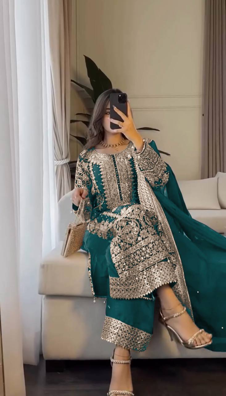 Faux Georgette Embroidered Kurta with Pant & Dupatta