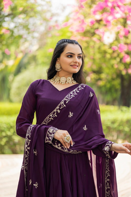 Purple Star Georgette Embroidered Gown with Dupatta