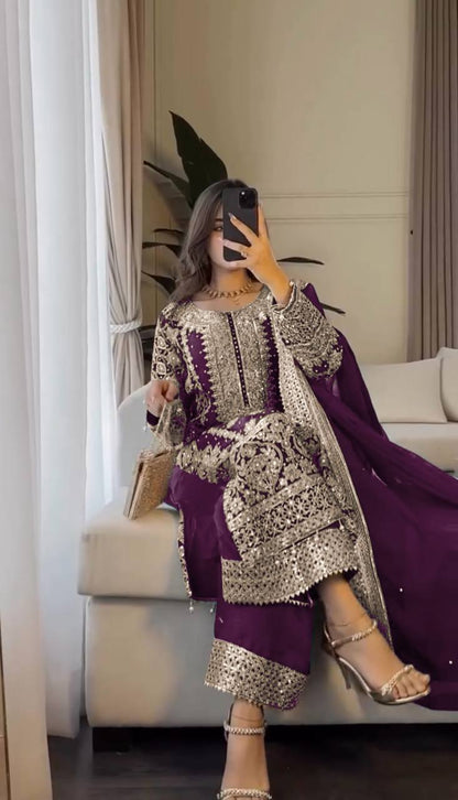 Faux Georgette Embroidered Kurta with Pant & Dupatta