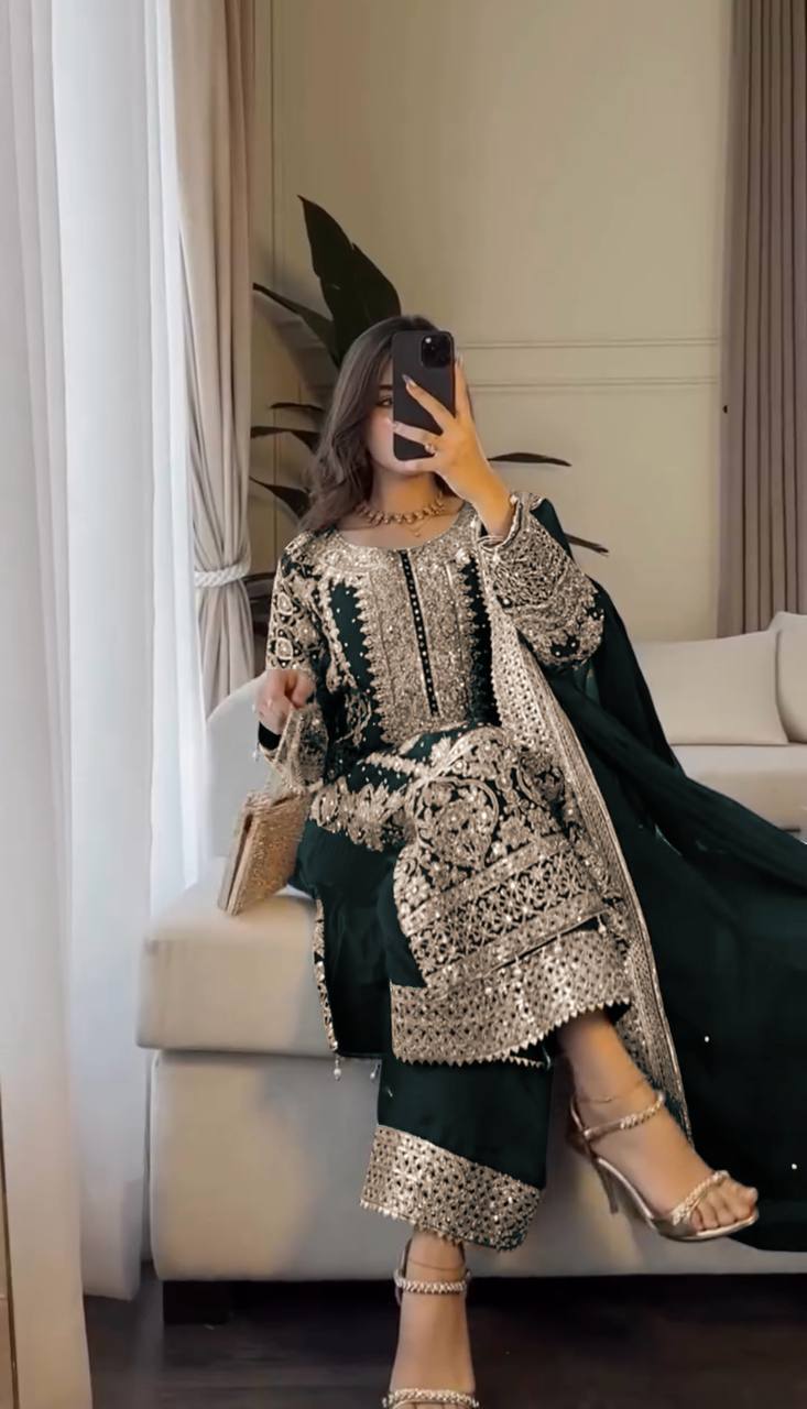 Faux Georgette Embroidered Kurta with Pant & Dupatta