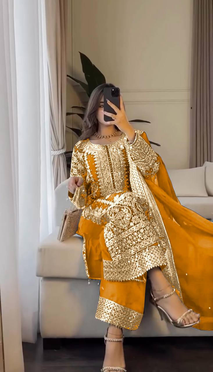 Faux Georgette Embroidered Kurta with Pant & Dupatta