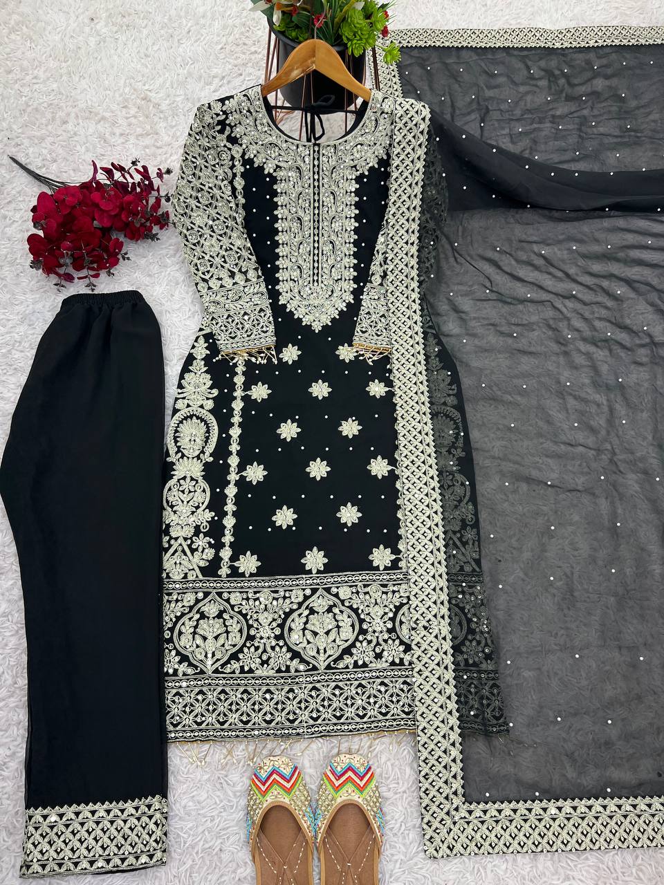 Faux Georgette Embroidered Kurta with Pant & Dupatta
