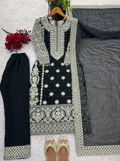 Faux Georgette Embroidered Kurta with Pant & Dupatta