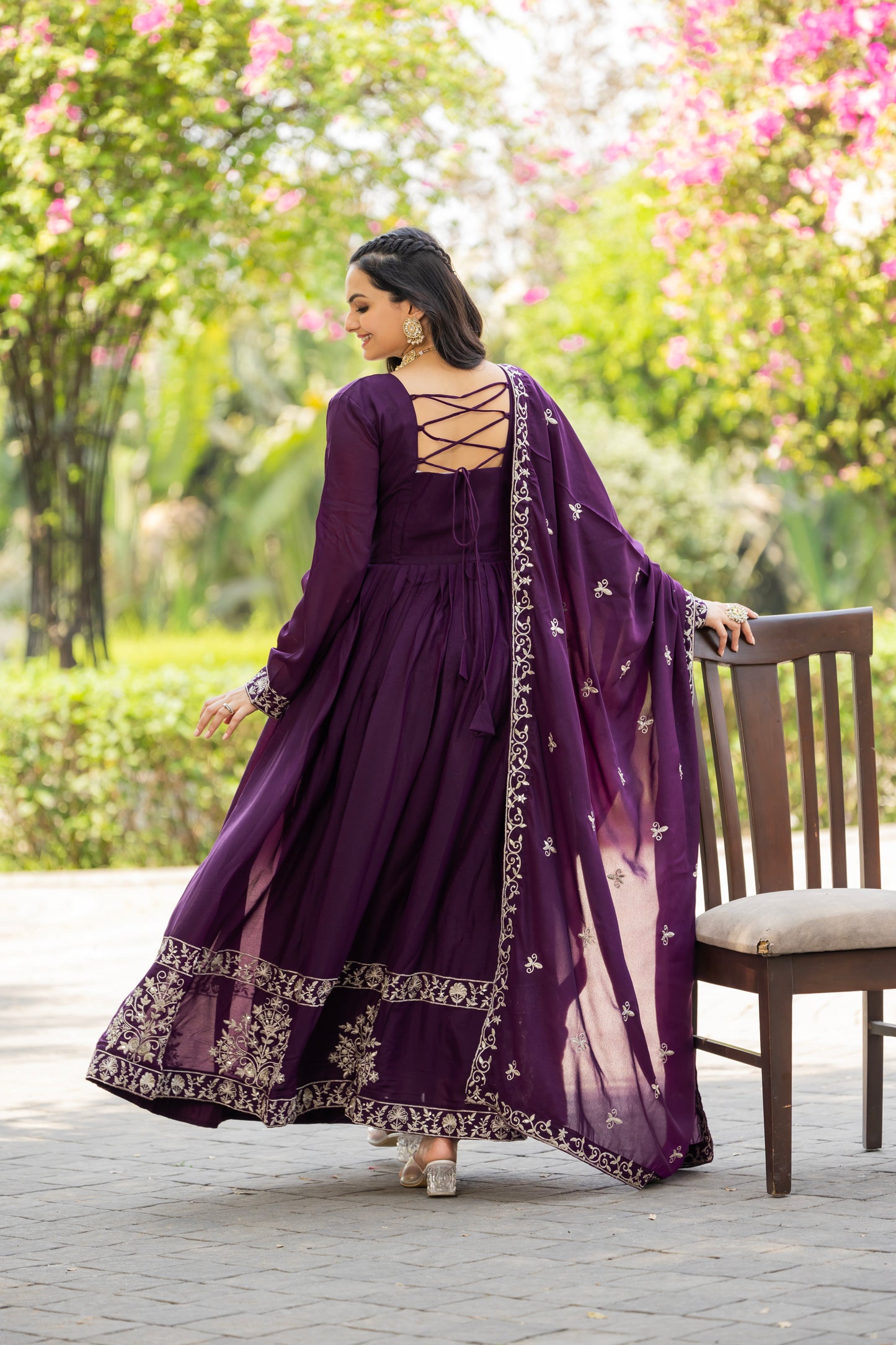 Purple Star Georgette Embroidered Gown with Dupatta