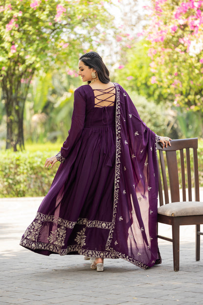 Purple Star Georgette Embroidered Gown with Dupatta