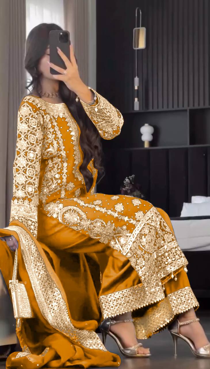 Faux Georgette Embroidered Kurta with Pant & Dupatta