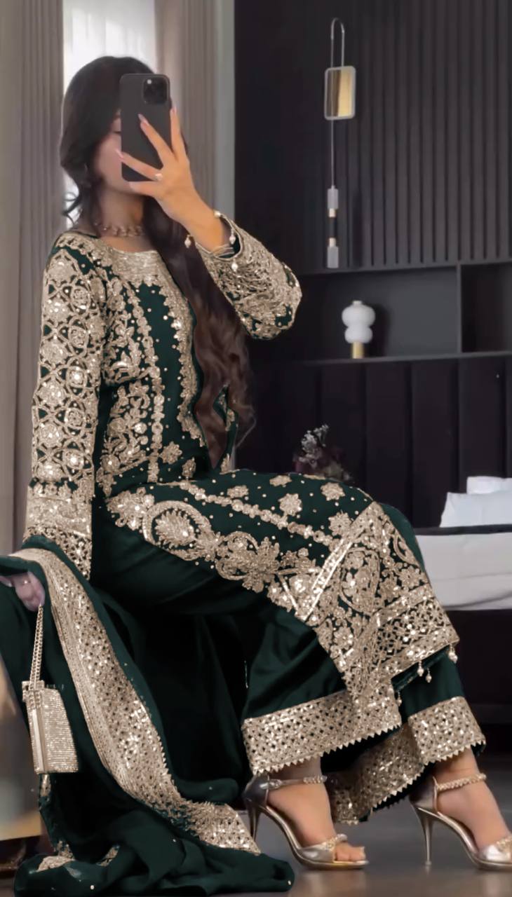 Faux Georgette Embroidered Kurta with Pant & Dupatta