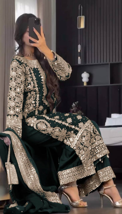 Faux Georgette Embroidered Kurta with Pant & Dupatta