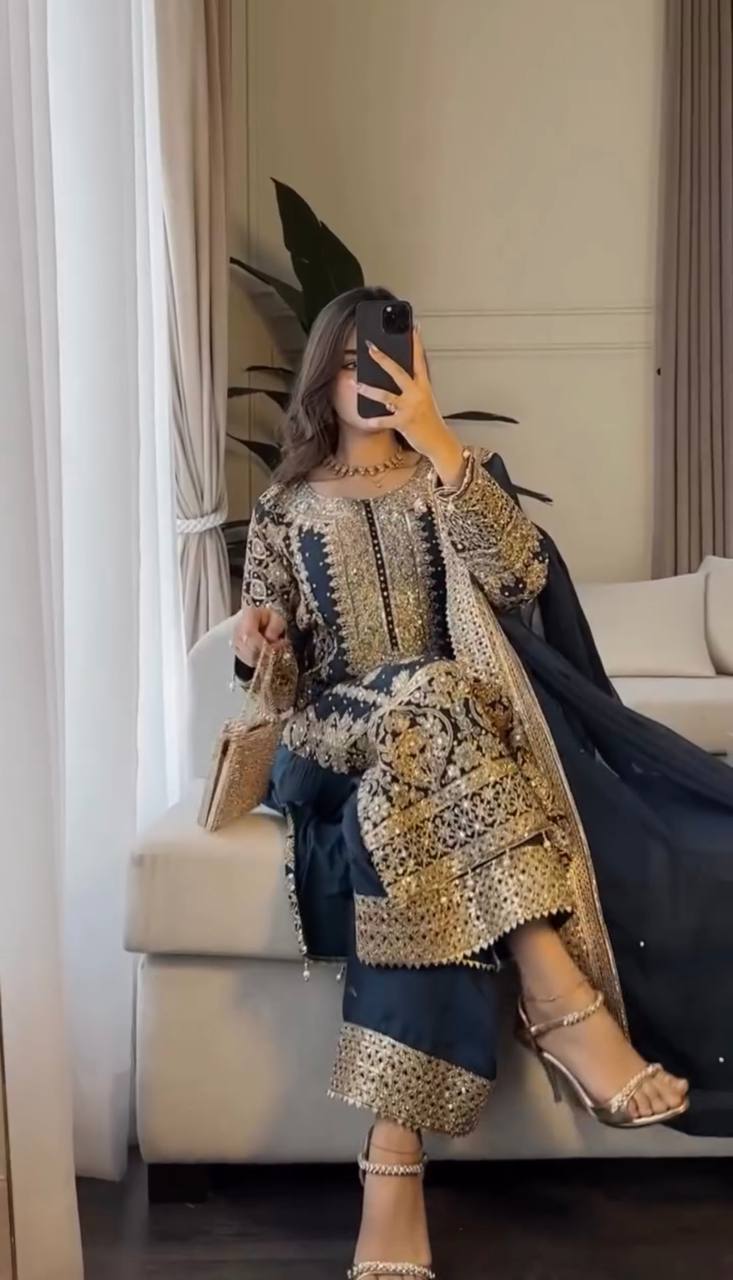 Faux Georgette Embroidered Kurta with Pant & Dupatta