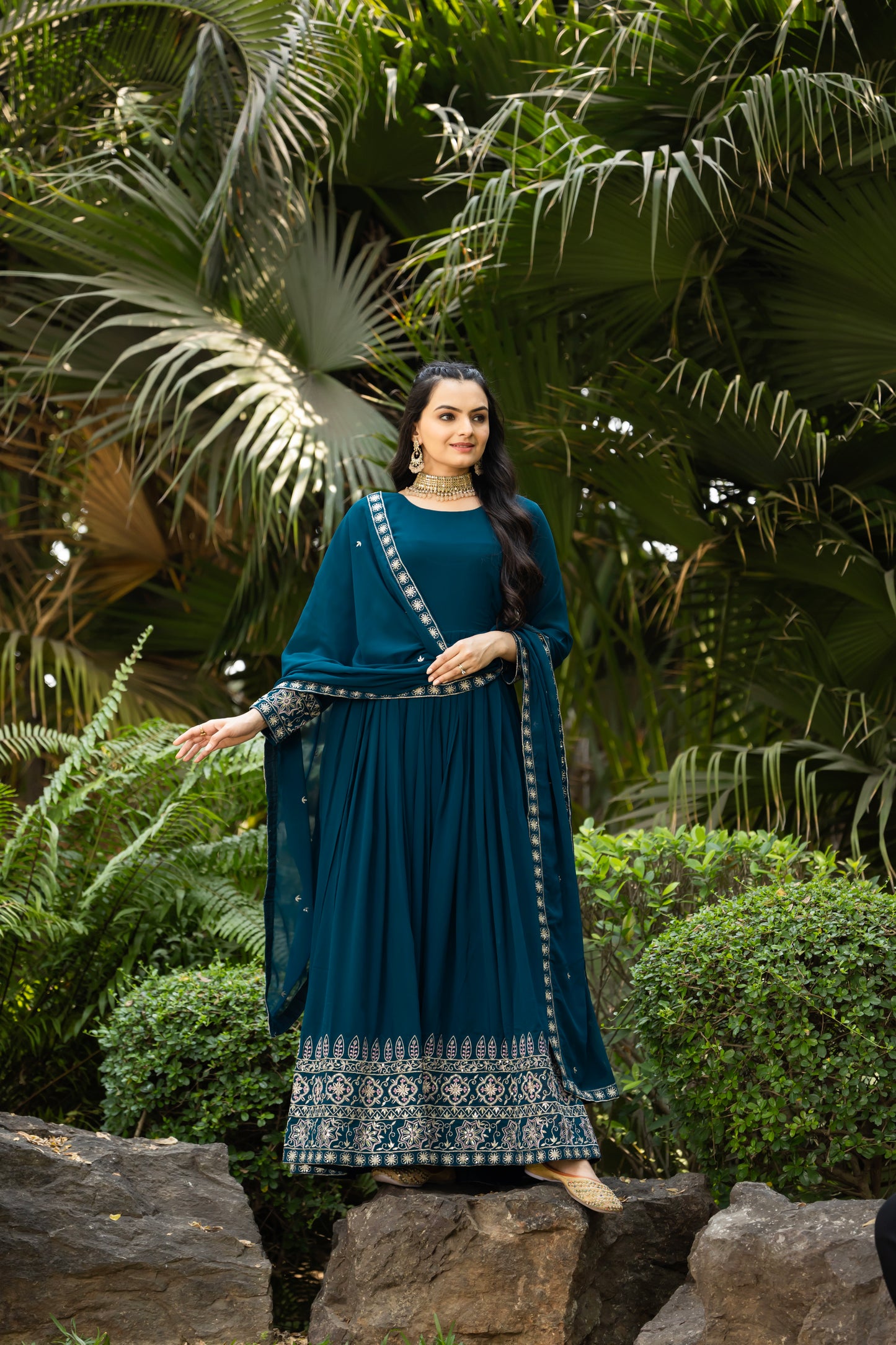 Teal Blue Gown Set With Dupatta