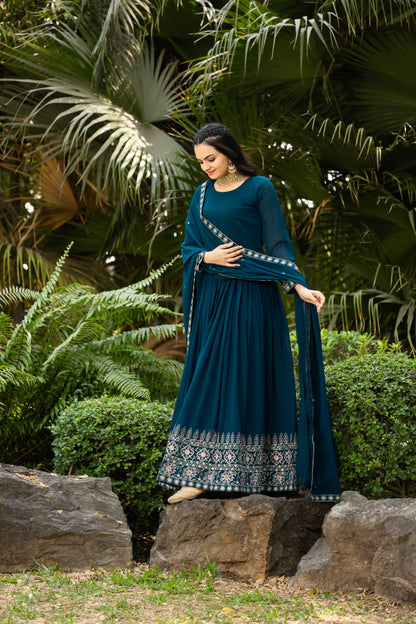 Teal Blue Gown Set With Dupatta