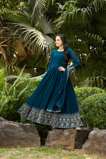 Teal Blue Gown Set With Dupatta