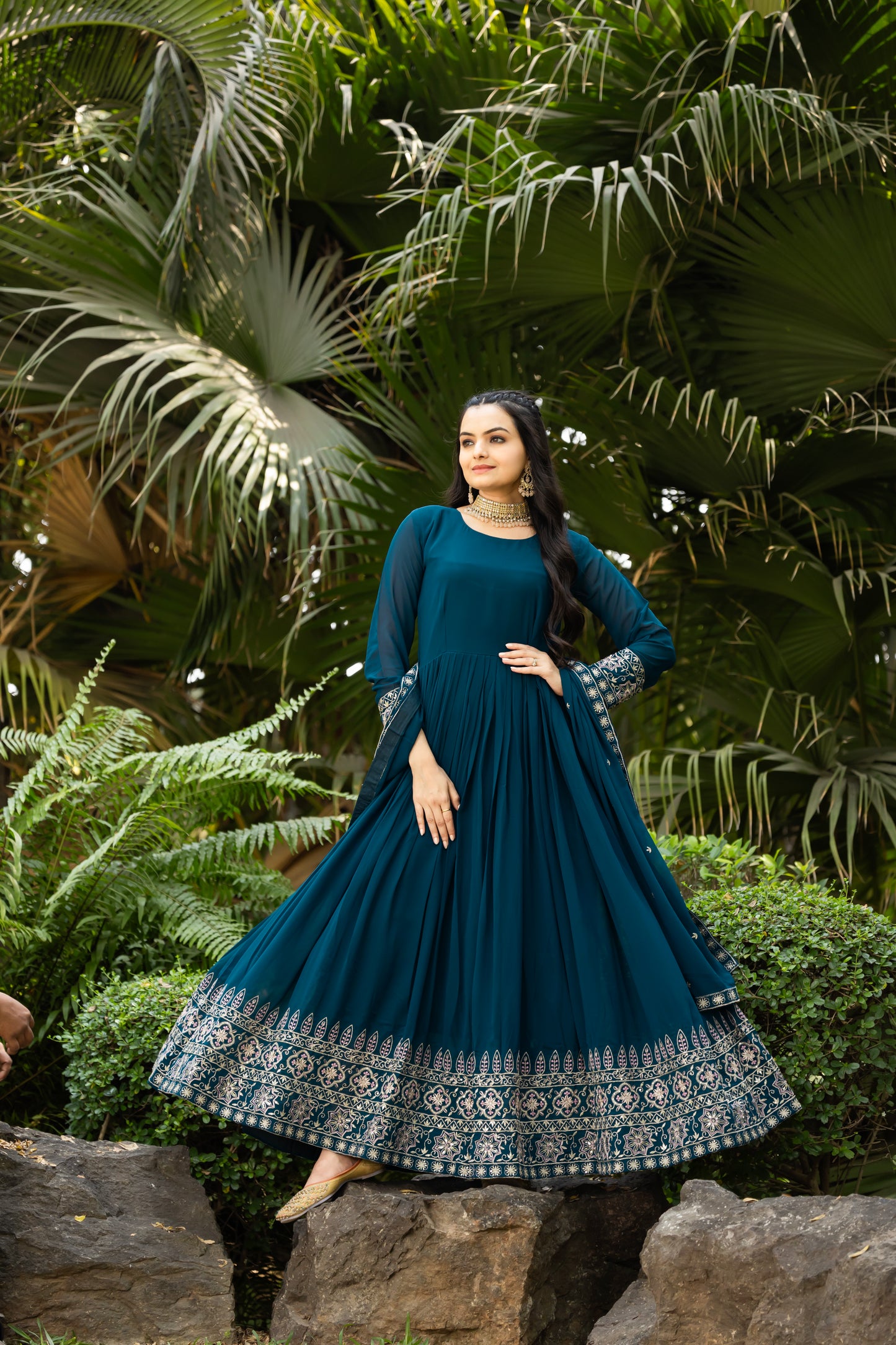 Teal Blue Gown Set With Dupatta