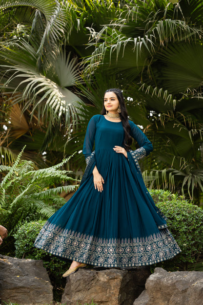 Teal Blue Gown Set With Dupatta