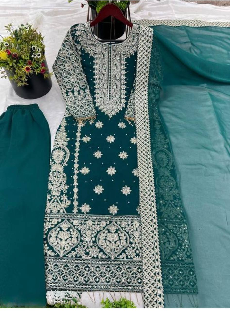 Faux Georgette Embroidered Kurta with Pant & Dupatta