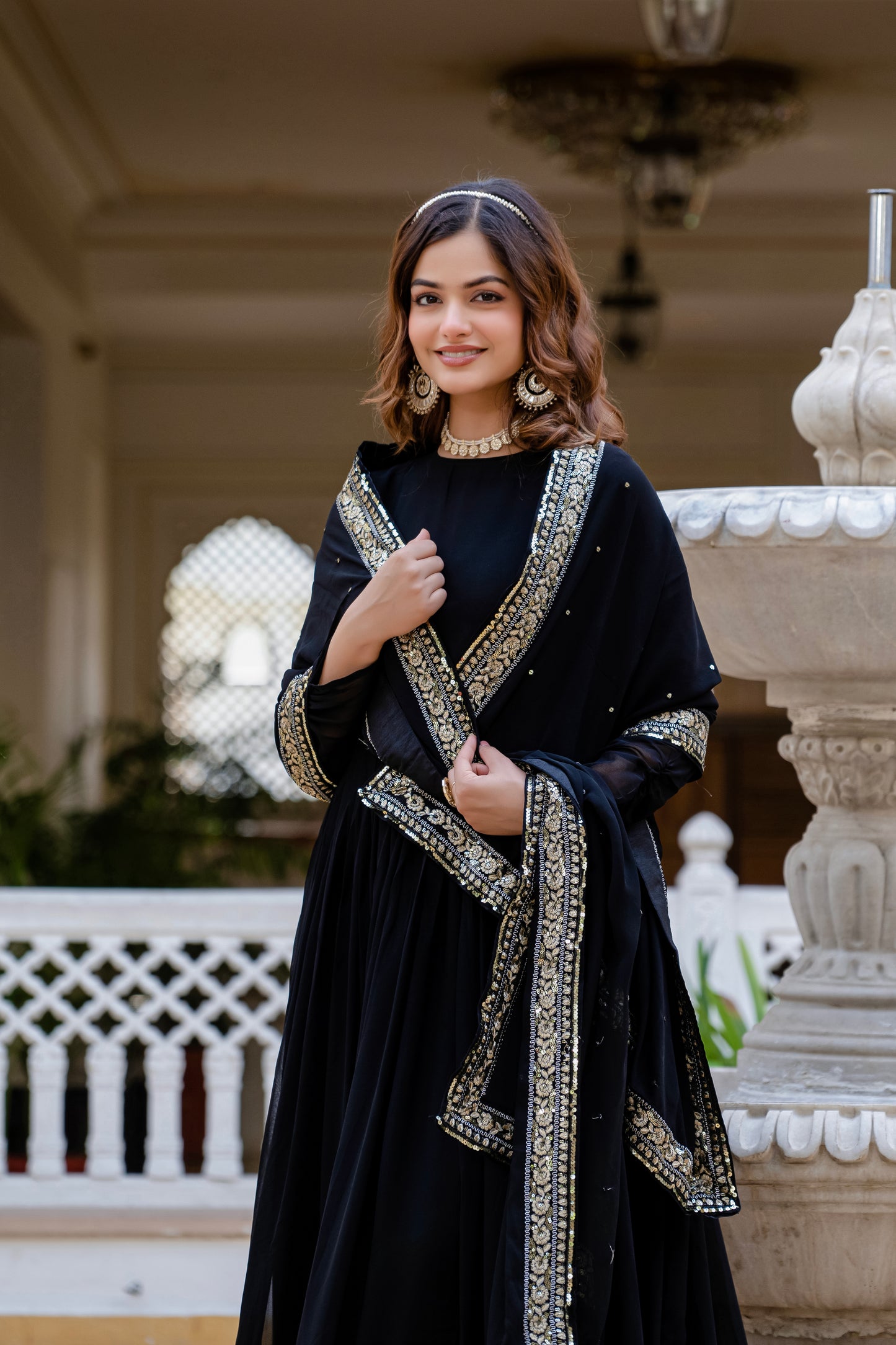 Black Georgette Sequin Embroidered Gown with Dupatta