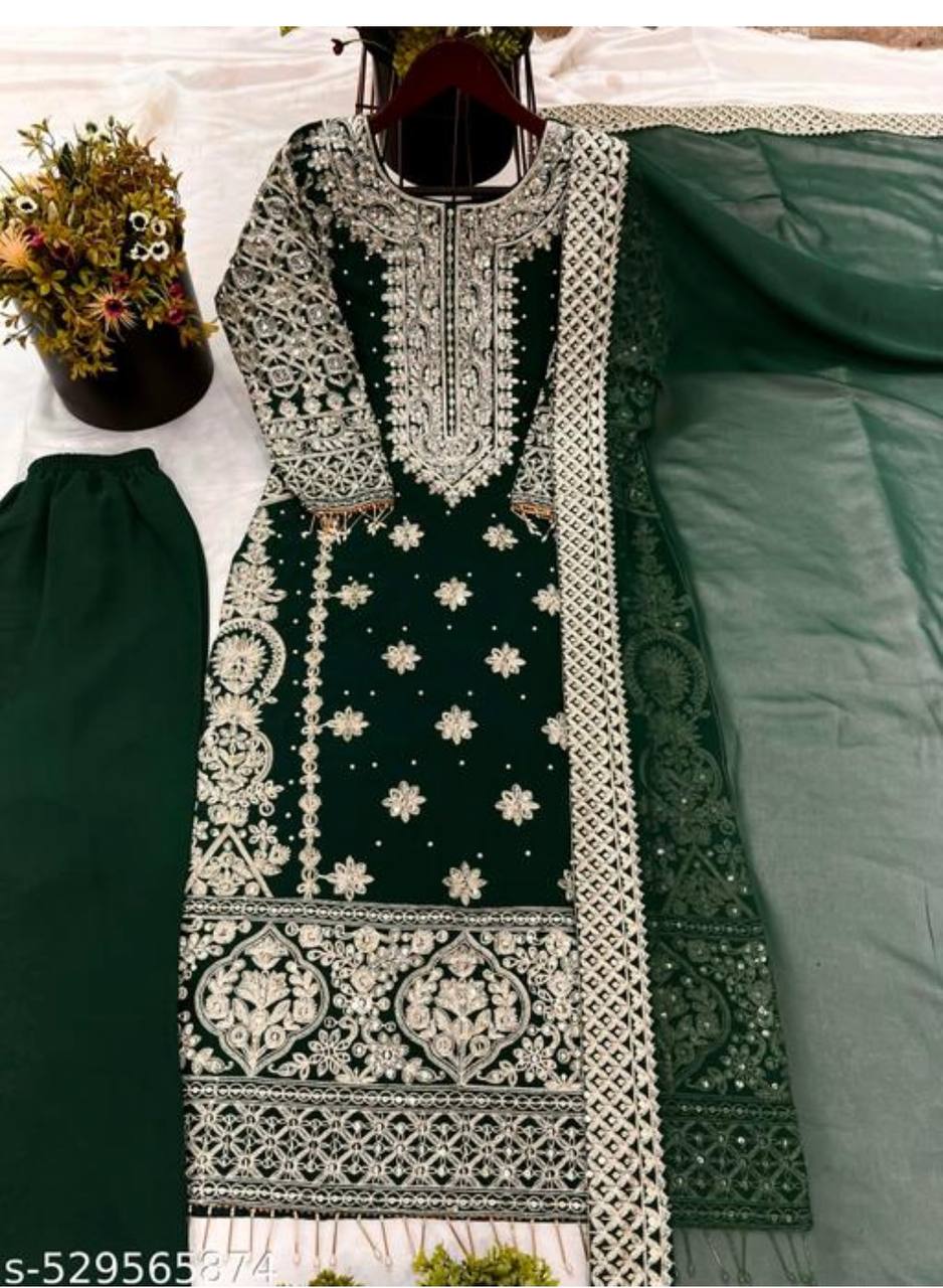 Faux Georgette Embroidered Kurta with Pant & Dupatta