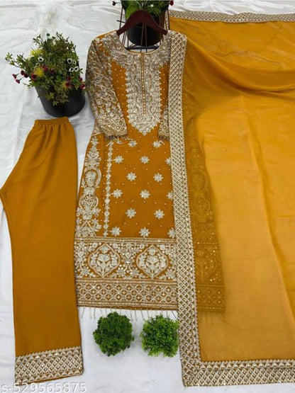 Faux Georgette Embroidered Kurta with Pant & Dupatta