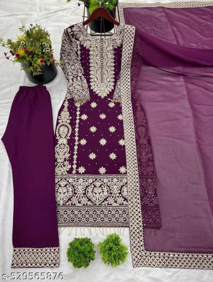 Faux Georgette Embroidered Kurta with Pant & Dupatta