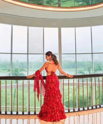 Red Ruffle Bloom Lehenga Saree