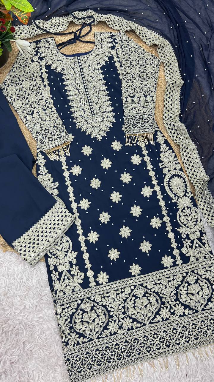 Faux Georgette Embroidered Kurta with Pant & Dupatta