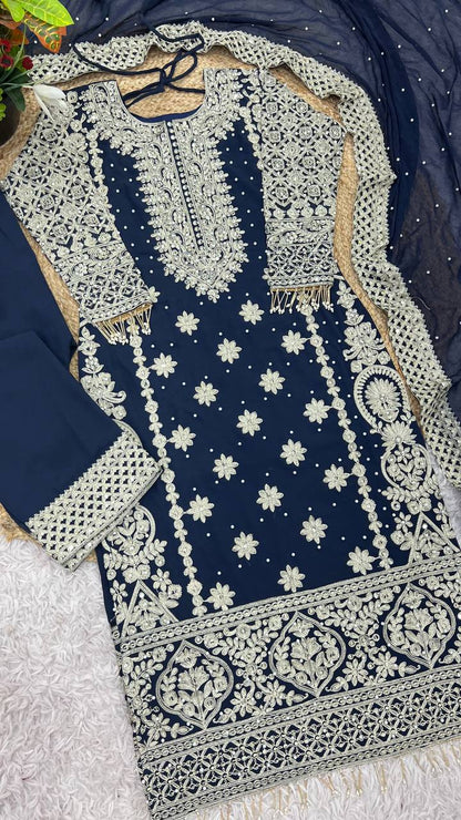 Faux Georgette Embroidered Kurta with Pant & Dupatta